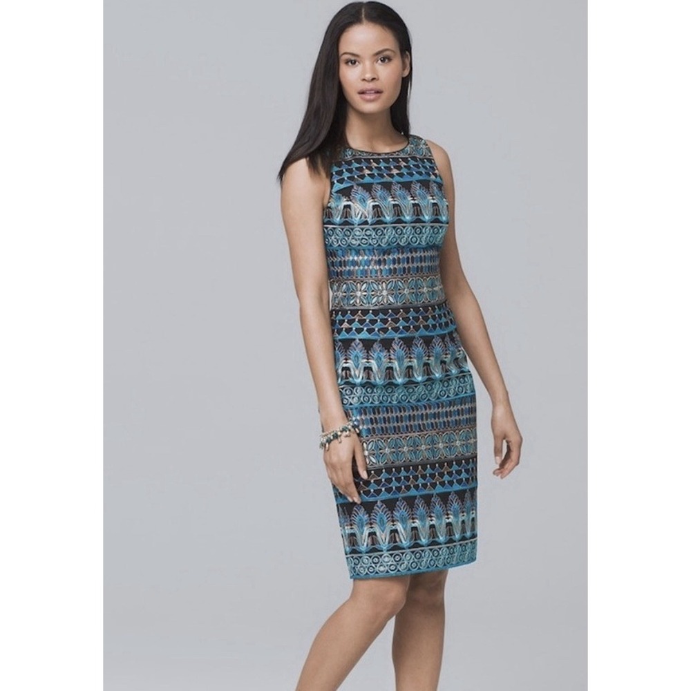 White House Black Market Floral Embroidered Geometric Sheath Dress Size 4 $250
